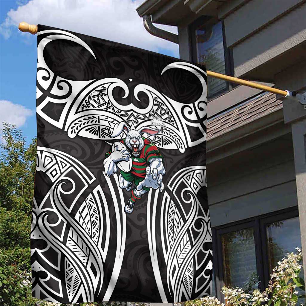 South Sydney Rabbitohs Rugby Garden Flag Polynesian Tribal Rabbit Warrior Black White Pattern