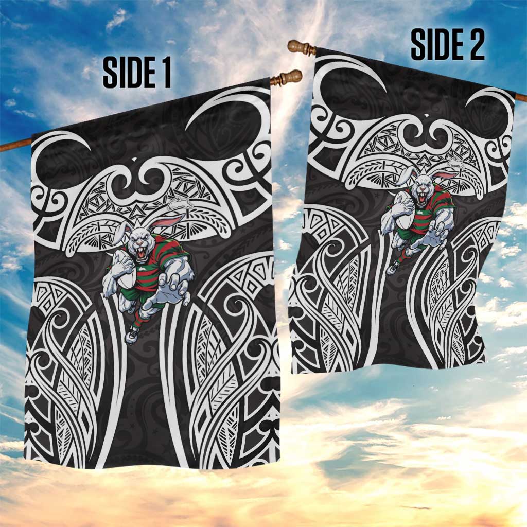 South Sydney Rabbitohs Rugby Garden Flag Polynesian Tribal Rabbit Warrior Black White Pattern