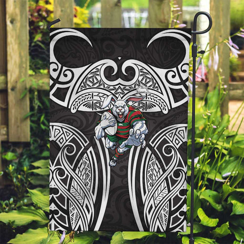 South Sydney Rabbitohs Rugby Garden Flag Polynesian Tribal Rabbit Warrior Black White Pattern