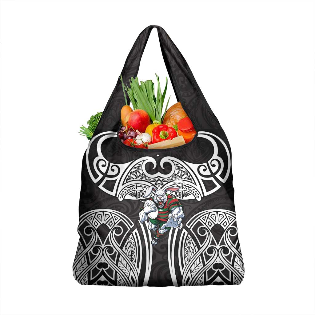 South Sydney Rabbitohs Rugby Grocery Bag Polynesian Tribal Rabbit Warrior Black White Pattern