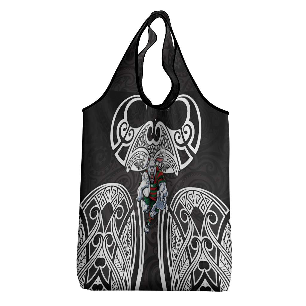 South Sydney Rabbitohs Rugby Grocery Bag Polynesian Tribal Rabbit Warrior Black White Pattern