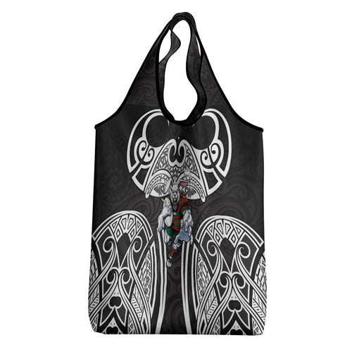 South Sydney Rabbitohs Rugby Grocery Bag Polynesian Tribal Rabbit Warrior Black White Pattern