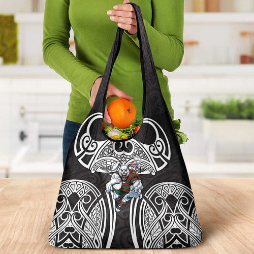 South Sydney Rabbitohs Rugby Grocery Bag Polynesian Tribal Rabbit Warrior Black White Pattern