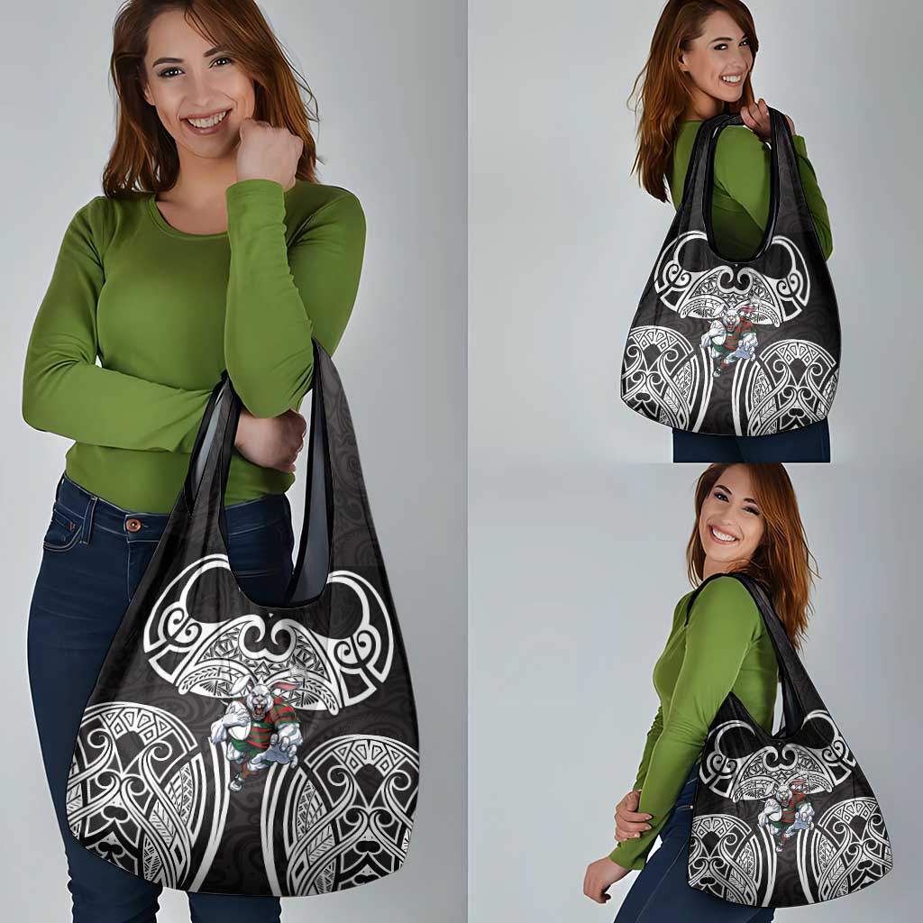 South Sydney Rabbitohs Rugby Grocery Bag Polynesian Tribal Rabbit Warrior Black White Pattern