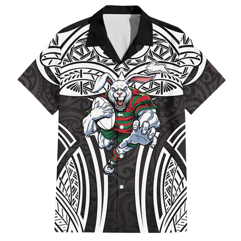 South Sydney Rabbitohs Rugby Hawaiian Shirt Polynesian Tribal Rabbit Warrior Black White Pattern