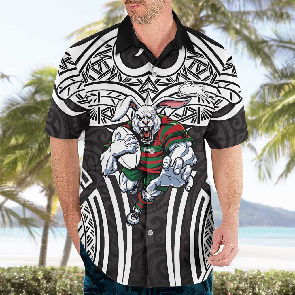 South Sydney Rabbitohs Rugby Hawaiian Shirt Polynesian Tribal Rabbit Warrior Black White Pattern