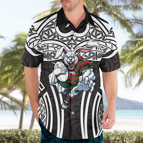 South Sydney Rabbitohs Rugby Hawaiian Shirt Polynesian Tribal Rabbit Warrior Black White Pattern