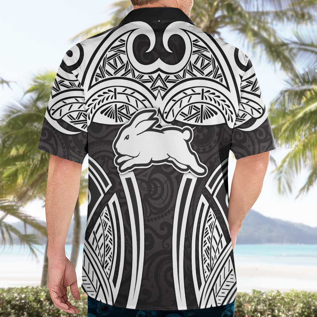 South Sydney Rabbitohs Rugby Hawaiian Shirt Polynesian Tribal Rabbit Warrior Black White Pattern