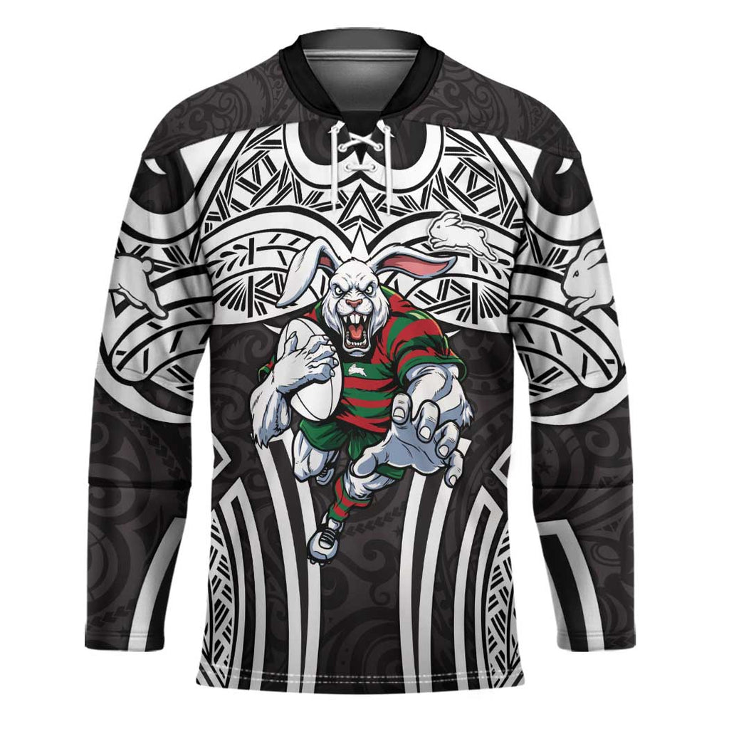 South Sydney Rabbitohs Rugby Hockey Jersey Polynesian Tribal Rabbit Warrior Black White Pattern