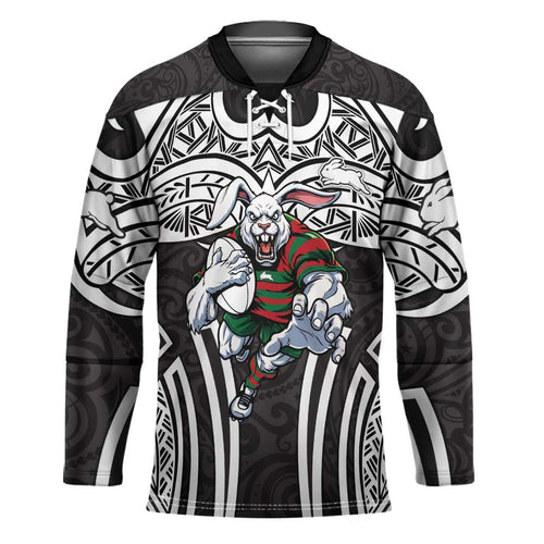 South Sydney Rabbitohs Rugby Hockey Jersey Polynesian Tribal Rabbit Warrior Black White Pattern