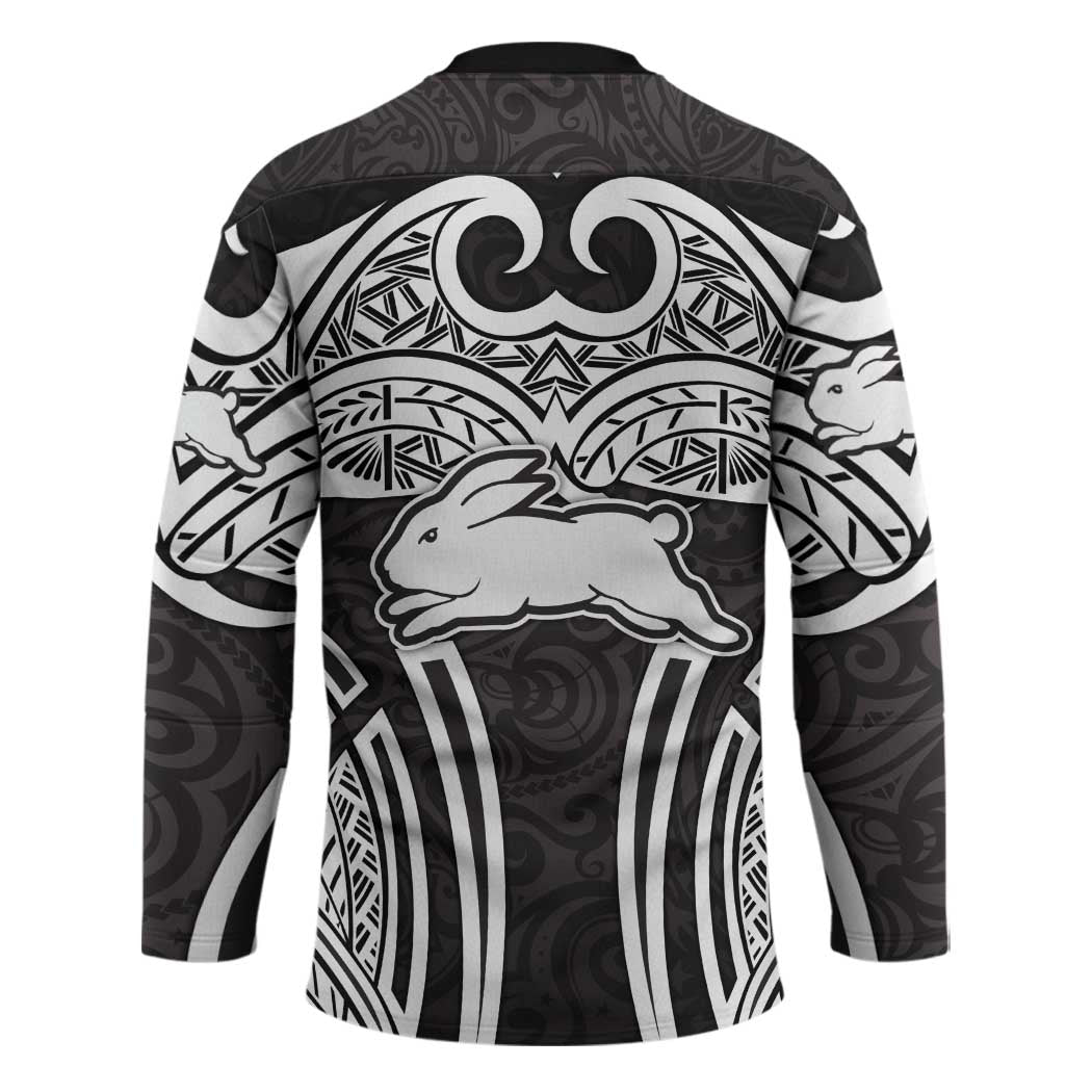 South Sydney Rabbitohs Rugby Hockey Jersey Polynesian Tribal Rabbit Warrior Black White Pattern