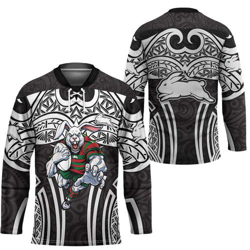 South Sydney Rabbitohs Rugby Hockey Jersey Polynesian Tribal Rabbit Warrior Black White Pattern