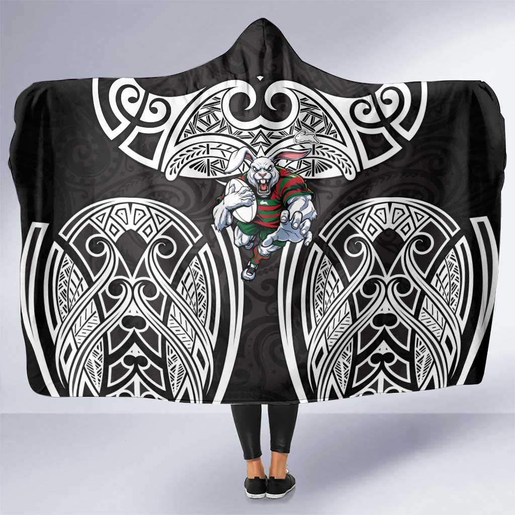 South Sydney Rabbitohs Rugby Hooded Blanket Polynesian Tribal Rabbit Warrior Black White Pattern
