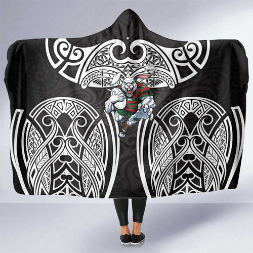 South Sydney Rabbitohs Rugby Hooded Blanket Polynesian Tribal Rabbit Warrior Black White Pattern