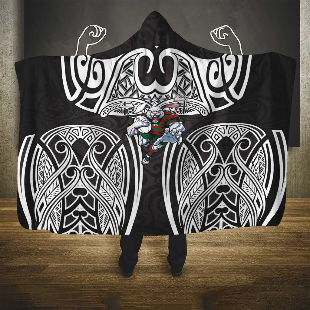 South Sydney Rabbitohs Rugby Hooded Blanket Polynesian Tribal Rabbit Warrior Black White Pattern