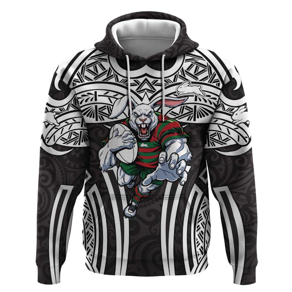 South Sydney Rabbitohs Rugby Hoodie Polynesian Tribal Rabbit Warrior Black White Pattern