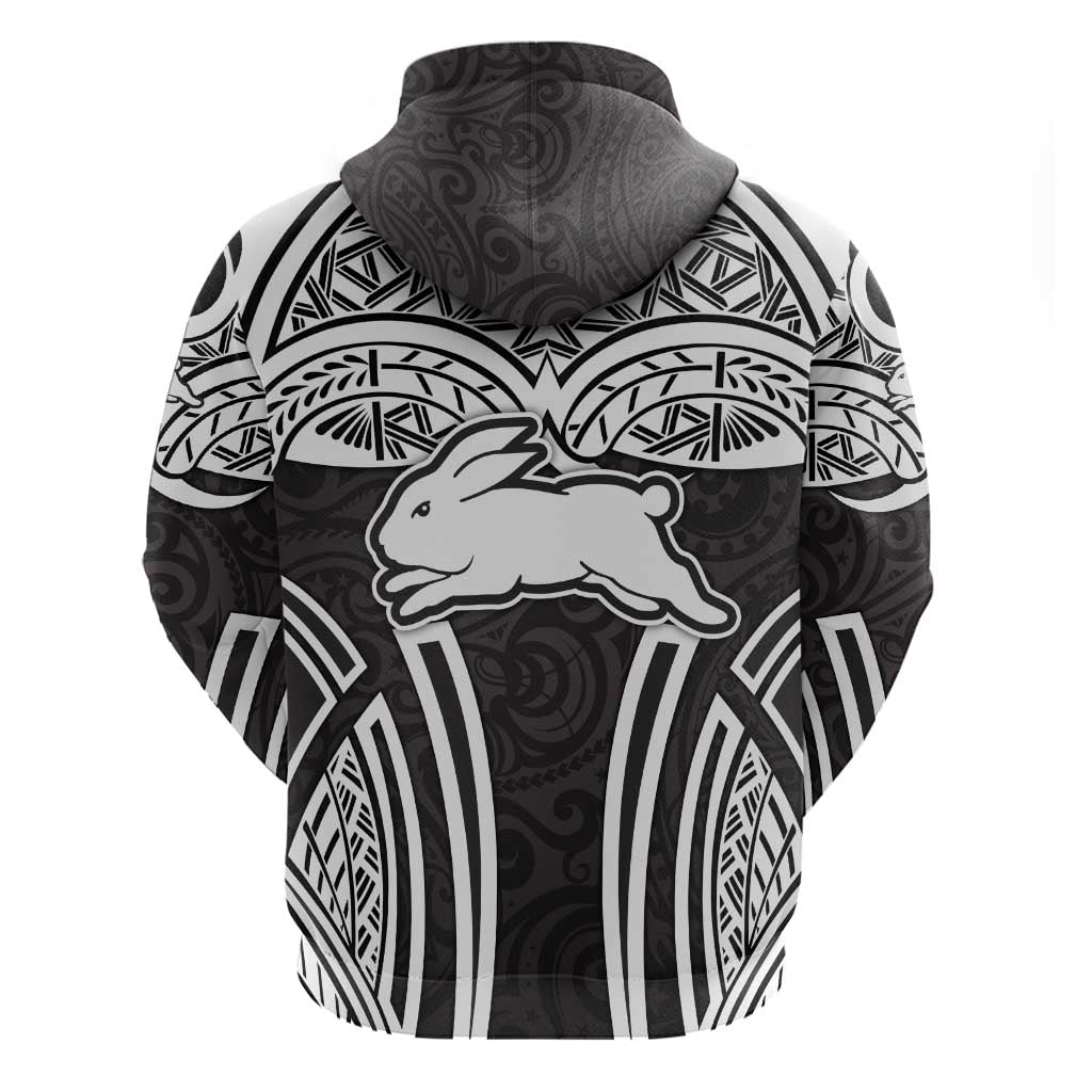 South Sydney Rabbitohs Rugby Hoodie Polynesian Tribal Rabbit Warrior Black White Pattern