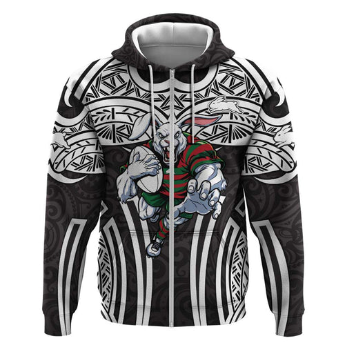 South Sydney Rabbitohs Rugby Hoodie Polynesian Tribal Rabbit Warrior Black White Pattern