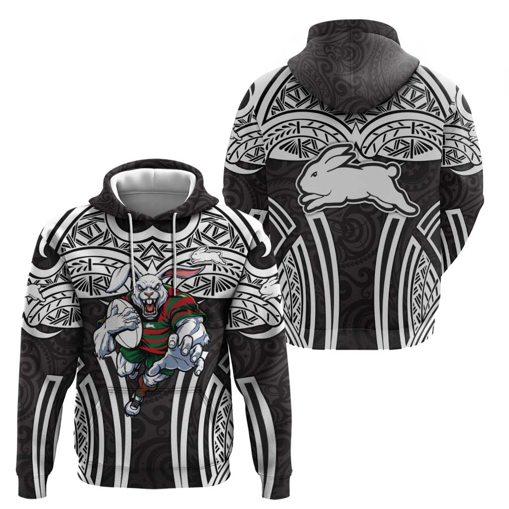 South Sydney Rabbitohs Rugby Hoodie Polynesian Tribal Rabbit Warrior Black White Pattern