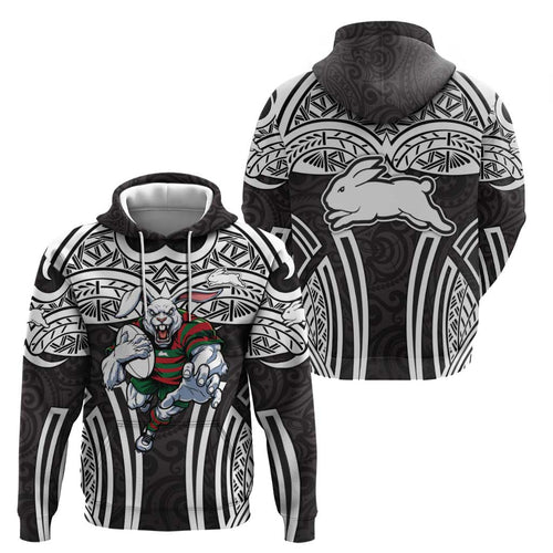 South Sydney Rabbitohs Rugby Hoodie Polynesian Tribal Rabbit Warrior Black White Pattern