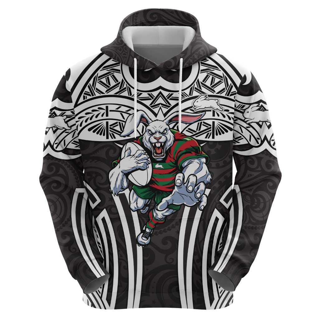 South Sydney Rabbitohs Rugby Hoodie Polynesian Tribal Rabbit Warrior Black White Pattern