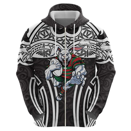 South Sydney Rabbitohs Rugby Hoodie Polynesian Tribal Rabbit Warrior Black White Pattern