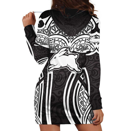 South Sydney Rabbitohs Rugby Hoodie Dress Polynesian Tribal Rabbit Warrior Black White Pattern