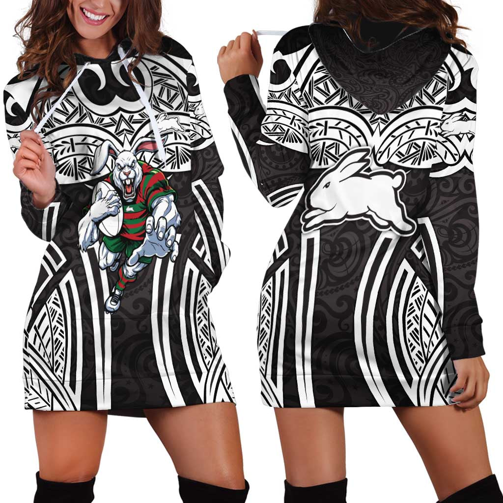 South Sydney Rabbitohs Rugby Hoodie Dress Polynesian Tribal Rabbit Warrior Black White Pattern