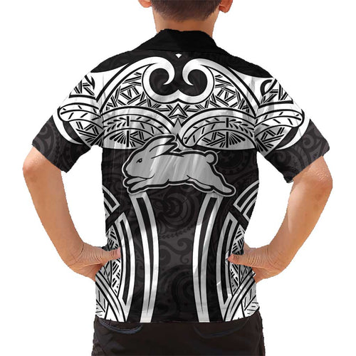 South Sydney Rabbitohs Rugby Kid Hawaiian Shirt Polynesian Tribal Rabbit Warrior Black White Pattern