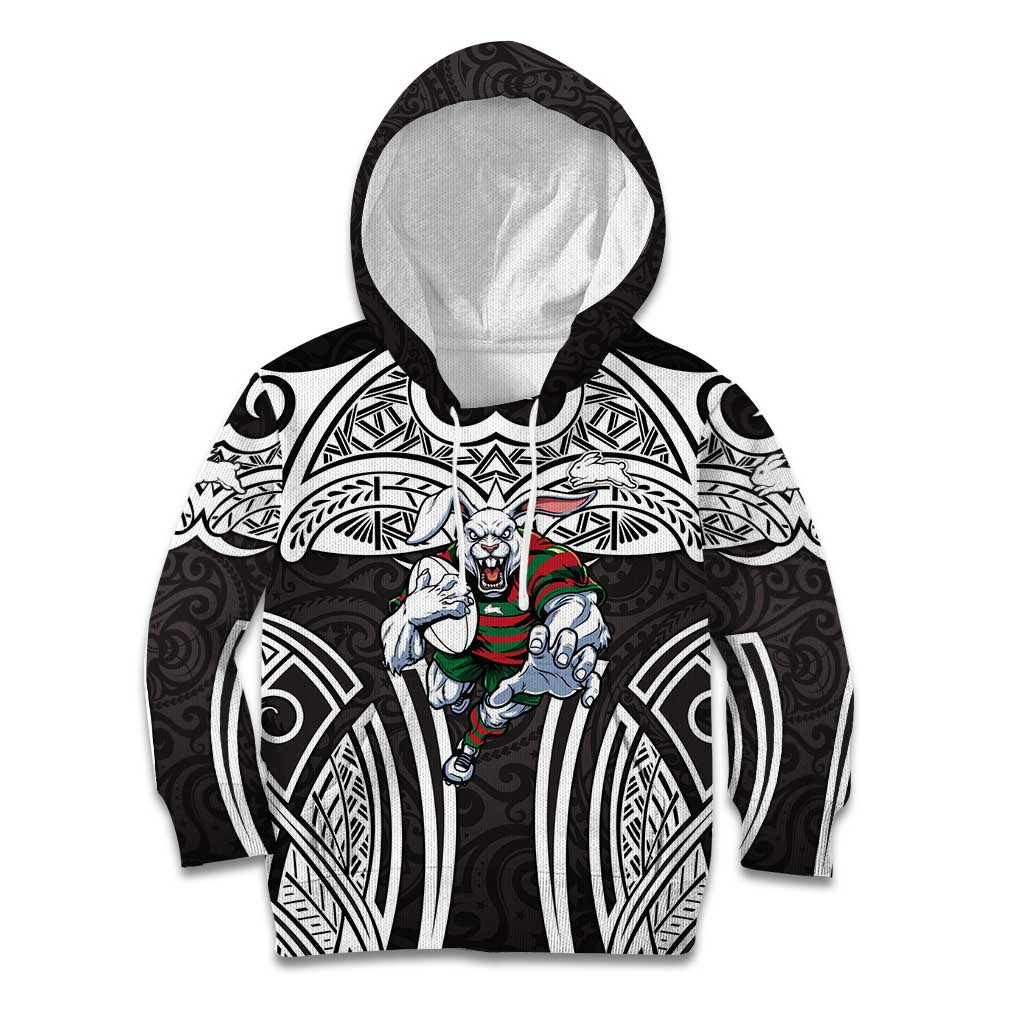South Sydney Rabbitohs Rugby Kid Hoodie Polynesian Tribal Rabbit Warrior Black White Pattern