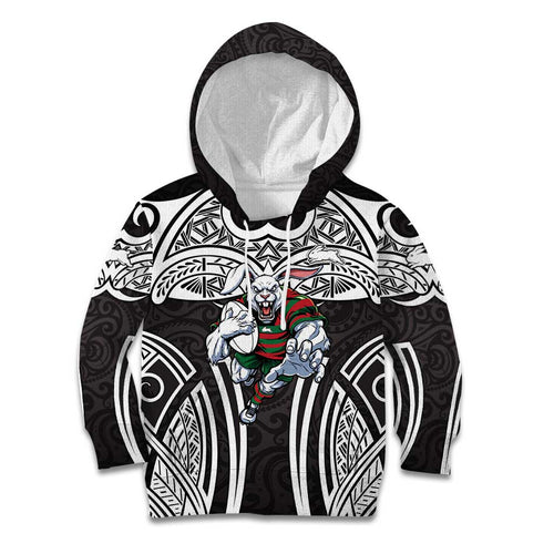 South Sydney Rabbitohs Rugby Kid Hoodie Polynesian Tribal Rabbit Warrior Black White Pattern