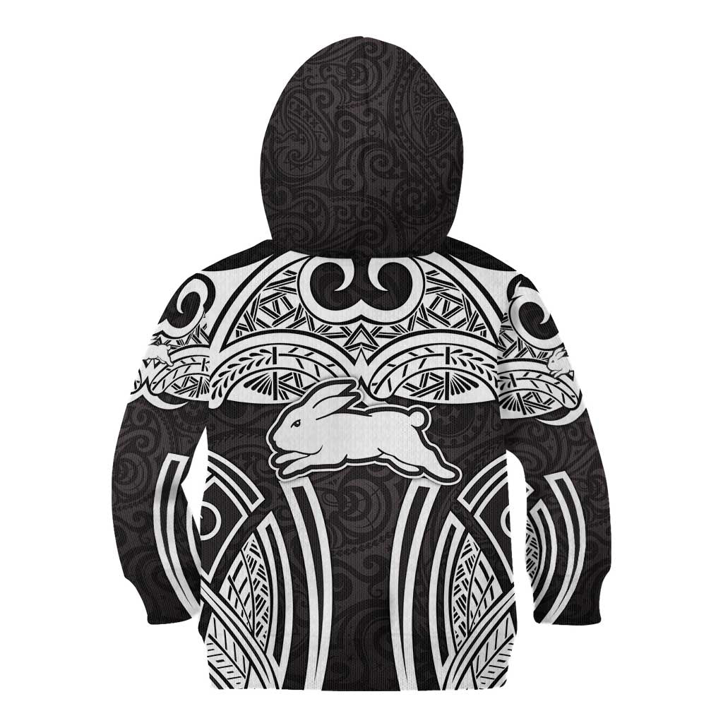 South Sydney Rabbitohs Rugby Kid Hoodie Polynesian Tribal Rabbit Warrior Black White Pattern