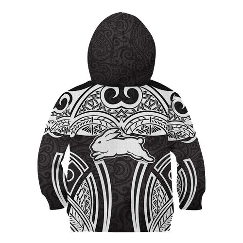 South Sydney Rabbitohs Rugby Kid Hoodie Polynesian Tribal Rabbit Warrior Black White Pattern