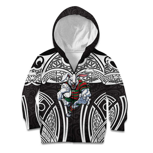 South Sydney Rabbitohs Rugby Kid Hoodie Polynesian Tribal Rabbit Warrior Black White Pattern