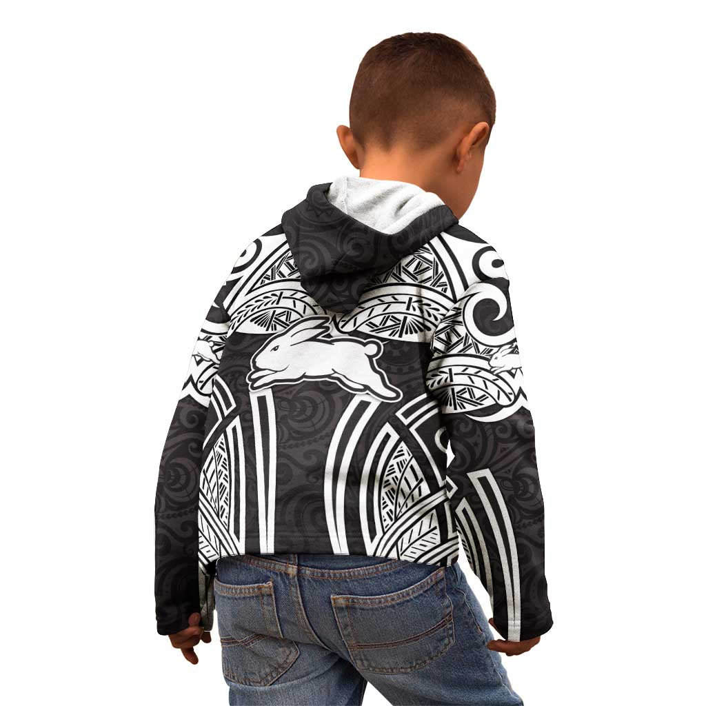 South Sydney Rabbitohs Rugby Kid Hoodie Polynesian Tribal Rabbit Warrior Black White Pattern