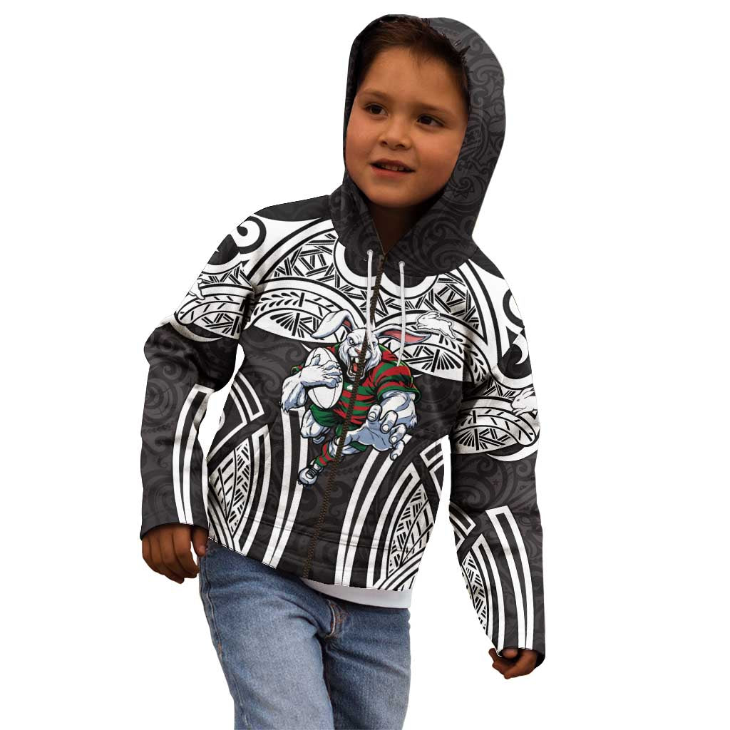 South Sydney Rabbitohs Rugby Kid Hoodie Polynesian Tribal Rabbit Warrior Black White Pattern