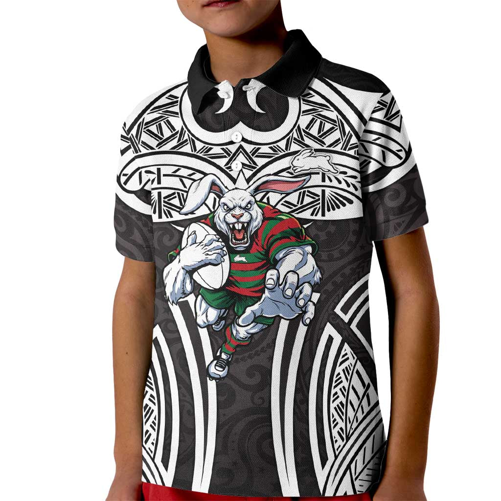 South Sydney Rabbitohs Rugby Kid Polo Shirt Polynesian Tribal Rabbit Warrior Black White Pattern
