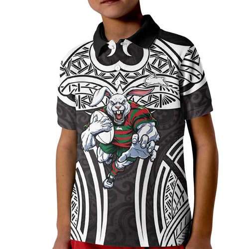 South Sydney Rabbitohs Rugby Kid Polo Shirt Polynesian Tribal Rabbit Warrior Black White Pattern