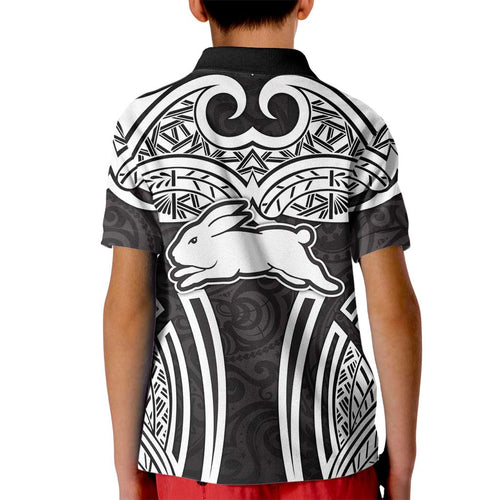 South Sydney Rabbitohs Rugby Kid Polo Shirt Polynesian Tribal Rabbit Warrior Black White Pattern