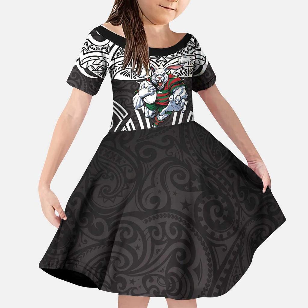 South Sydney Rabbitohs Rugby Kid Short Sleeve Dress Polynesian Tribal Rabbit Warrior Black White Pattern