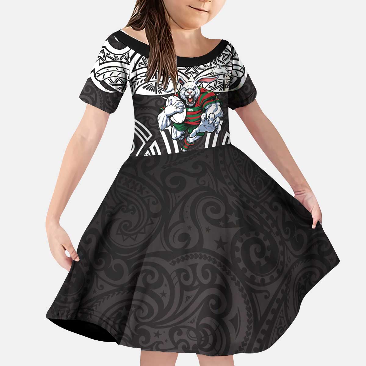 South Sydney Rabbitohs Rugby Kid Short Sleeve Dress Polynesian Tribal Rabbit Warrior Black White Pattern