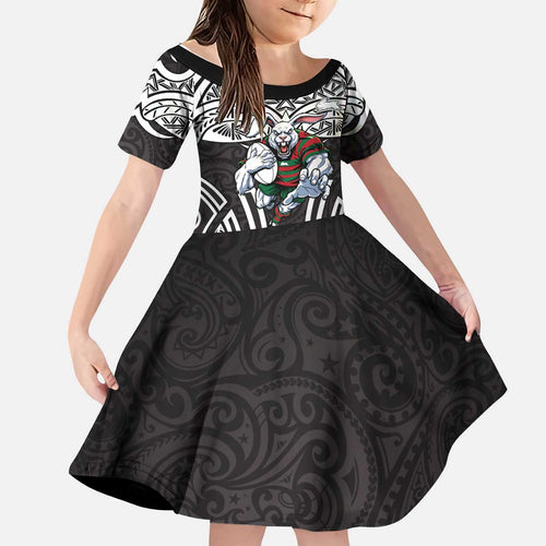South Sydney Rabbitohs Rugby Kid Short Sleeve Dress Polynesian Tribal Rabbit Warrior Black White Pattern
