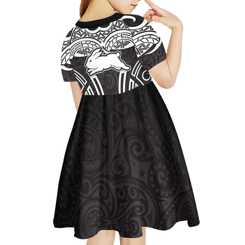 South Sydney Rabbitohs Rugby Kid Short Sleeve Dress Polynesian Tribal Rabbit Warrior Black White Pattern