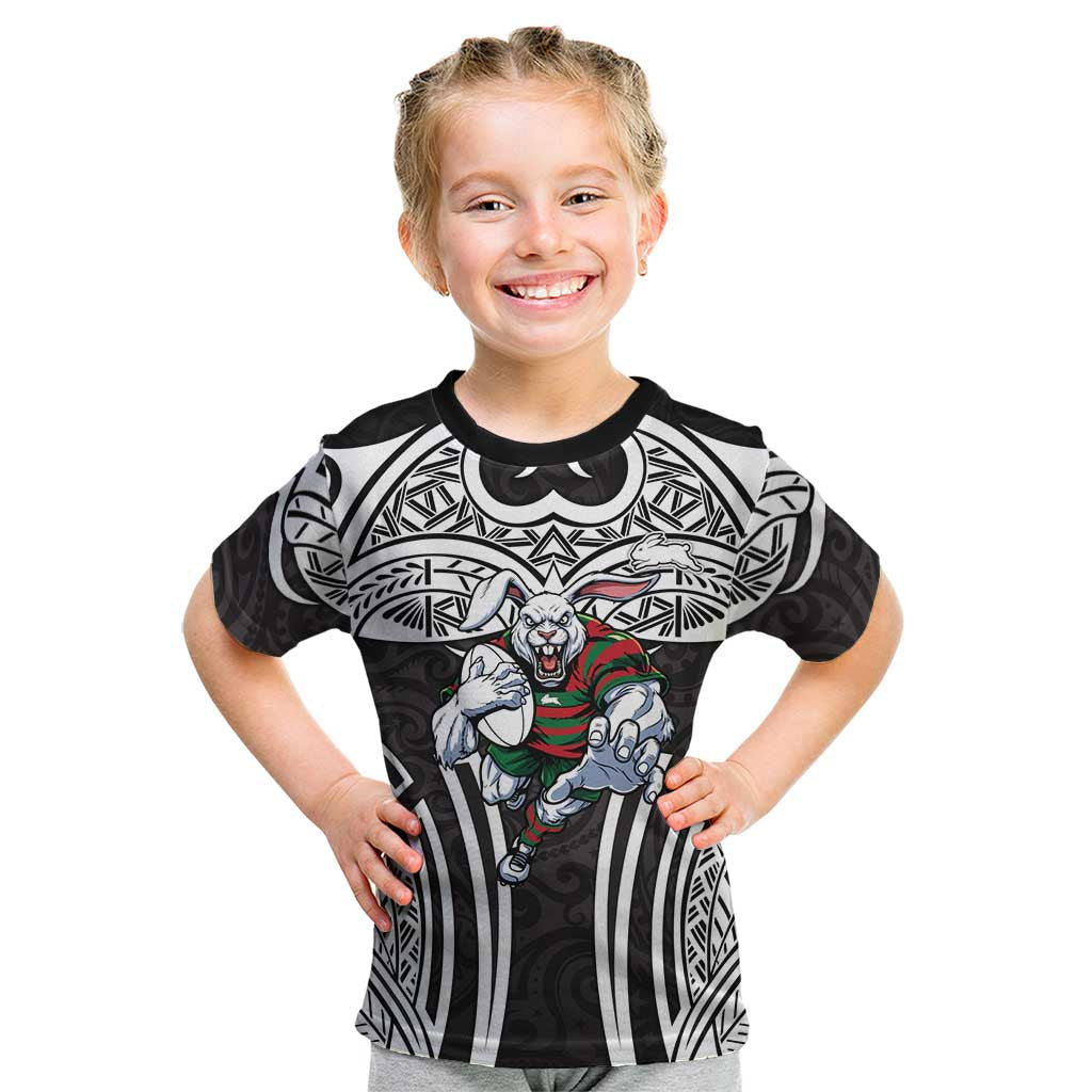 South Sydney Rabbitohs Rugby Kid T Shirt Polynesian Tribal Rabbit Warrior Black White Pattern