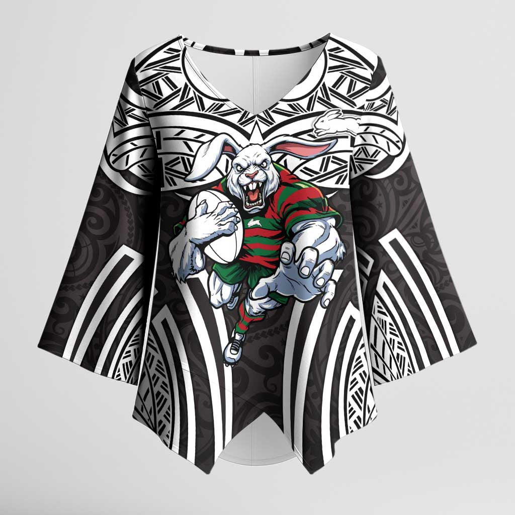South Sydney Rabbitohs Rugby Kimono Sleeve Blouse Polynesian Tribal Rabbit Warrior Black White Pattern
