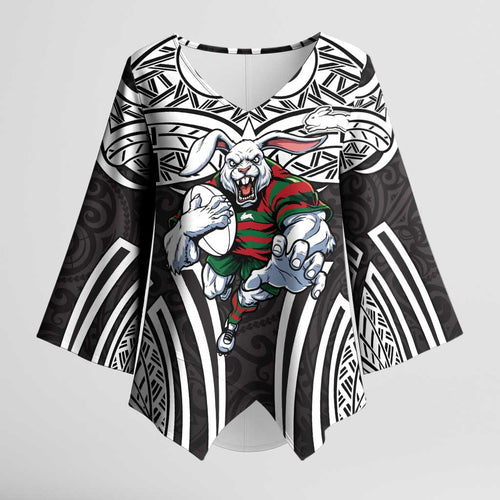 South Sydney Rabbitohs Rugby Kimono Sleeve Blouse Polynesian Tribal Rabbit Warrior Black White Pattern