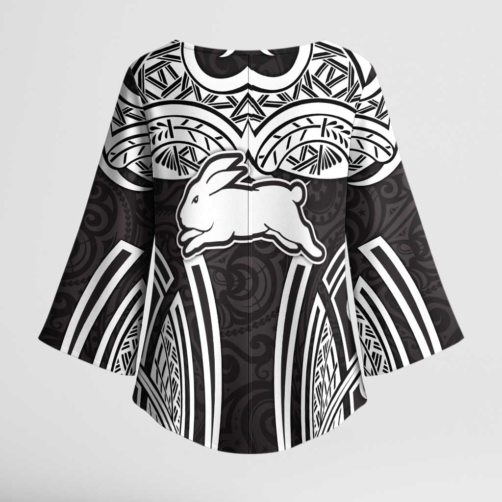 South Sydney Rabbitohs Rugby Kimono Sleeve Blouse Polynesian Tribal Rabbit Warrior Black White Pattern