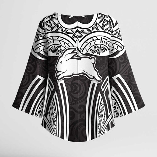 South Sydney Rabbitohs Rugby Kimono Sleeve Blouse Polynesian Tribal Rabbit Warrior Black White Pattern