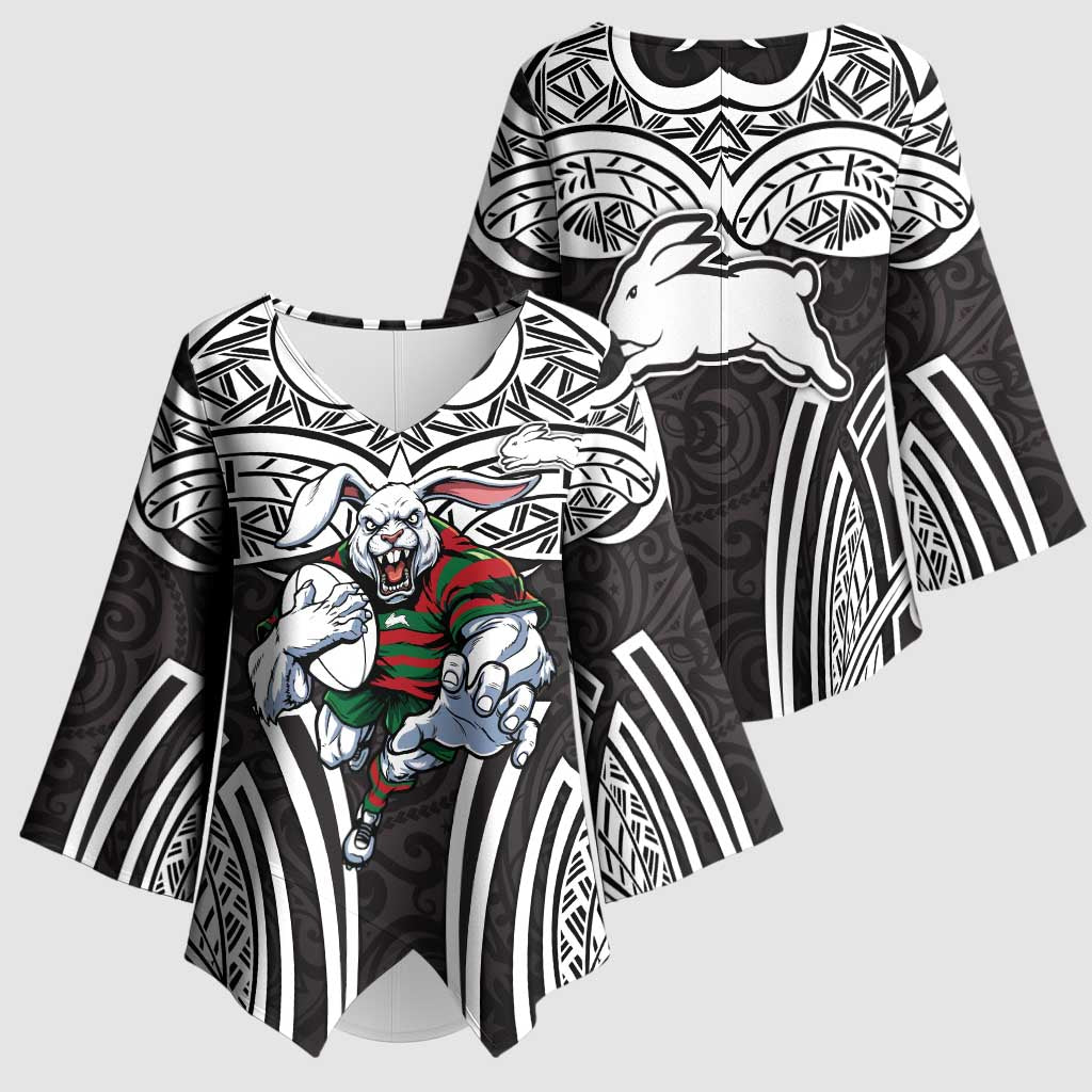 South Sydney Rabbitohs Rugby Kimono Sleeve Blouse Polynesian Tribal Rabbit Warrior Black White Pattern