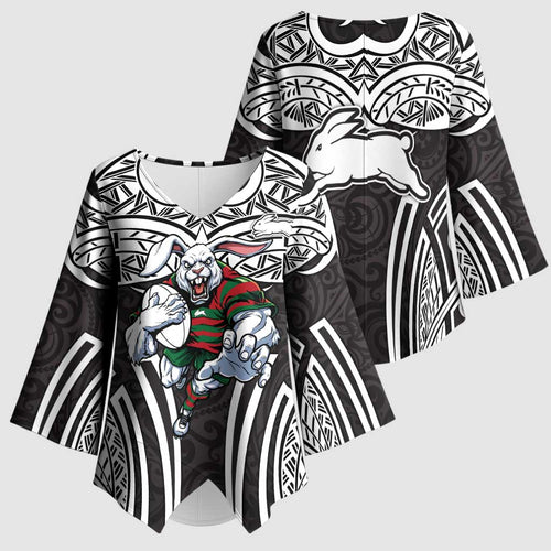 South Sydney Rabbitohs Rugby Kimono Sleeve Blouse Polynesian Tribal Rabbit Warrior Black White Pattern
